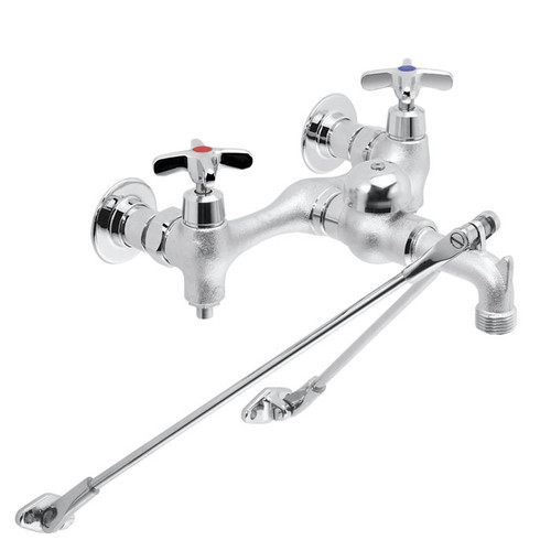 Speakman SC-5851-RCP - Rough chrome plated service sink faucet with brass bottom braces. 1/4 turn ceramic cartridge. Cast brass body and nozzle with 3/4-inch hose thread and pail hook. Brass vacuum breaker. Through the wall installation on 8-inch centers