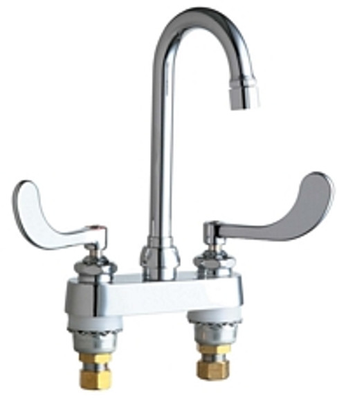 Chicago Faucets 895-317XKVPAABCP 4 inch Center Deck Mounted Sink Faucet with Rigid/Swing Gooseneck Spout, Vandal Resistant 2.2 GPM Pressure Compensating Softflo® Aerator, Indexed Wristblade Handles and Ceramic Disc Cartridges