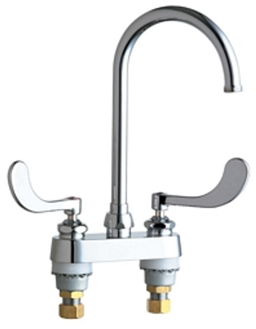 Chicago Faucets 895-317GN2AFCABCP 4 inch Center Deck Mounted Sink Faucet with Rigid/Swing Gooseneck Spout, 1.6 GPM Laminar Flow Control Device in Spout, Indexed Wristblade Handles and Quaturn? Cartridges