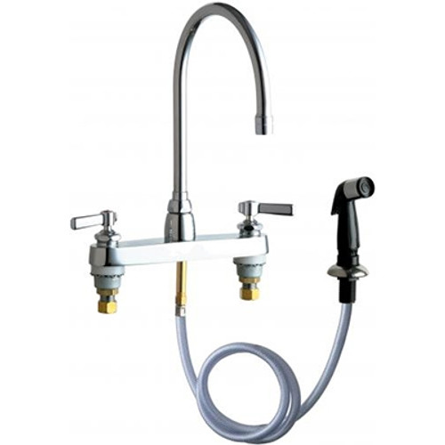 Chicago Faucets 1102-GN8AE3-369AB - 8-inch Center Deck Mounted Kitchen Faucet with Lever Handles, 8-inch Gooseneck Swing Spout and Side Spray