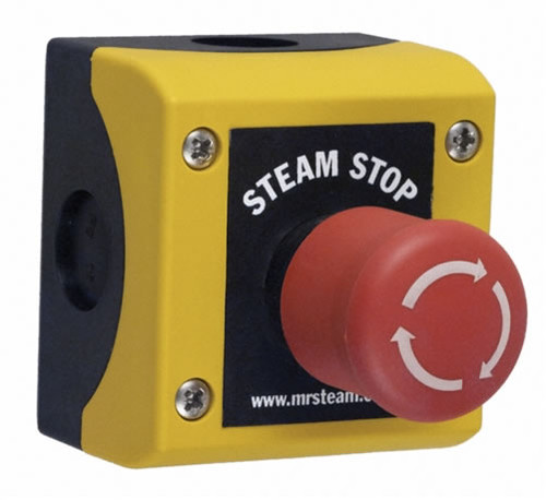 Mr. Steam CU STEAMSTOP Emergency stop switch to electronically shut down the steam generator.  Multiple Steam Stop switches can be used with one steam generator. Water-resistant, IP-69K rating suitable for use inside or outside the steam room.