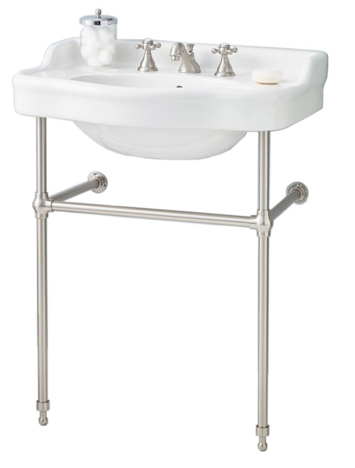 Cheviot 350/28-WH-8/575-BN ANTIQUE Console Sink, White Sink with Brushed Nickel Console Stand Sink