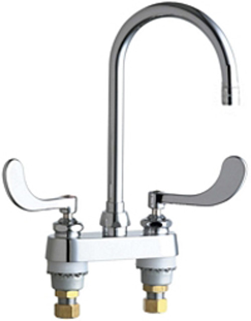 Chicago Faucets 895-317GN2BE3-2AB 4 inch Center Deck Mounted Sink Faucet with Rigid/Swing Gooseneck Spout, 2.2 GPM Pressure Compensating Softflo® Aerator, Indexed Wristblade Handles and Quaturn™ Cartridges