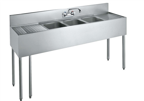 Krowne CS-1872 - Convenience Store Sink, 3 Compartment, 72-inch x 19-inch OA, 36-inch Working Height, 14-inch x 10-inch x 10-inch Deep Bowls, Splash Mounted 4-inch O.C. Faucet, 3-1/2-inch Basket Drains, 18-inch Left & Right Drainboards, Stainless Steel Si