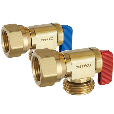 Dahl 621-53-04-PK2 - 1/2 FIP x Male Hose, Pkg of 2 with Red & Blue Handles, Rough Brass