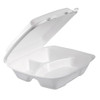 Foam Hinged Lid Container, 3-comp, 9 X 9 2/5 X 3, White, 100/bag, 2 Bag/carton