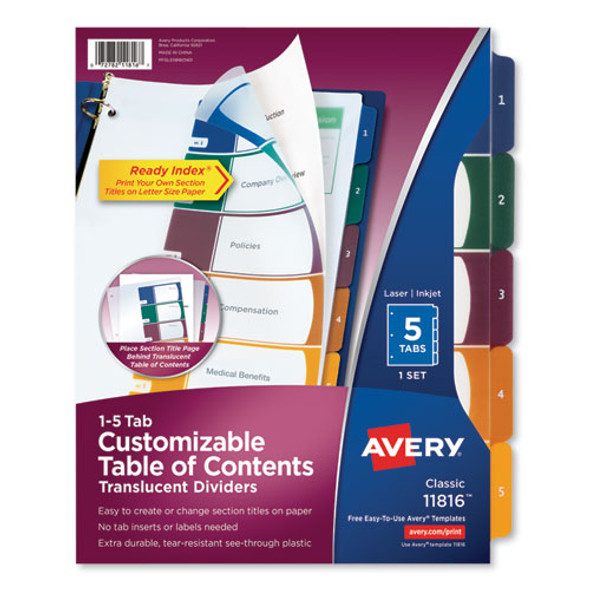 Customizable Table Of Contents Ready Index Dividers With Multicolor Tabs, 5-tab, 1 To 5, 11 X 8.5, Translucent, 1 Set