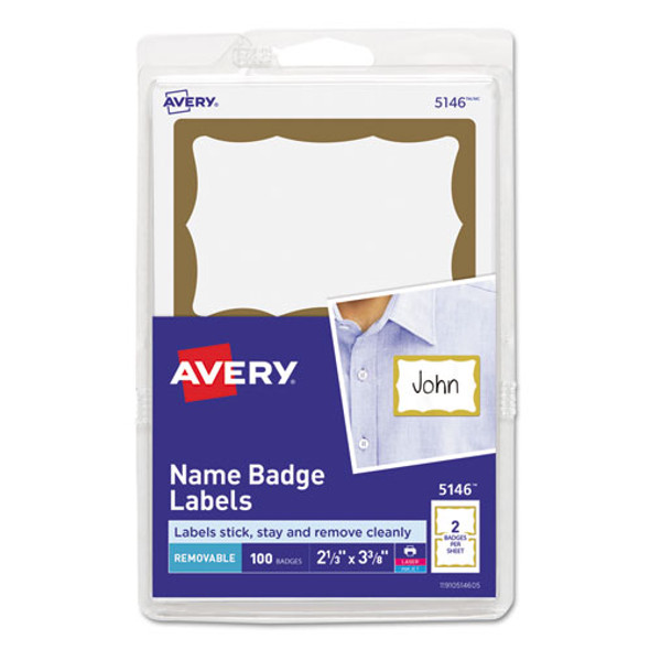 Printable Adhesive Name Badges, 3.38 X 2.33, Gold Border, 100/pack