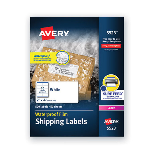 Waterproof Shipping Labels With Trueblock And Sure Feed, Laser Printers, 2 X 4, White, 10/sheet, 50 Sheets/pack