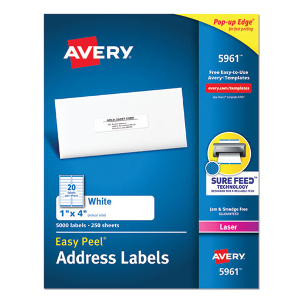 Easy Peel White Address Labels W/ Sure Feed Technology, Laser Printers, 1 X 4, White, 20/sheet, 250 Sheets/box