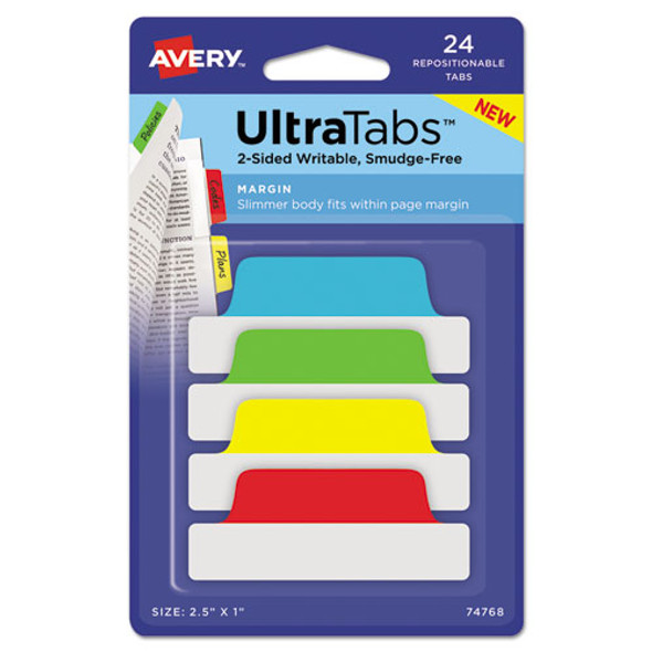 Ultra Tabs Repositionable Margin Tabs, 1/5-cut Tabs, Assorted Primary Colors, 2.5" Wide, 24/pack