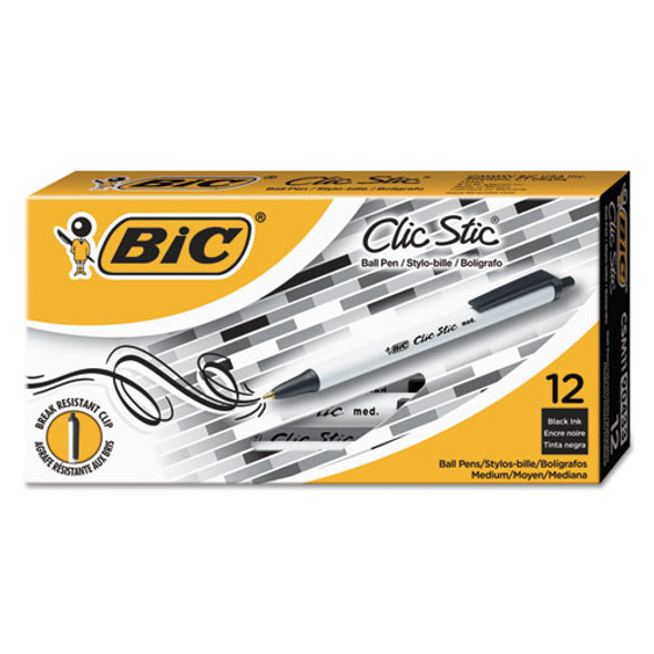 Clic Stic Retractable Ballpoint Pen, Medium 1 Mm, Black Ink, White Barrel, Dozen