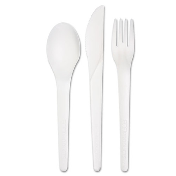 Plantware Compostable Cutlery Kit, Knife/fork/spoon/napkin, 6", Pearl White, 250 Kits/carton