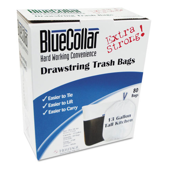 Drawstring Trash Bags, 13 Gal, 0.8 Mil, 24" X 28", White, 80/box