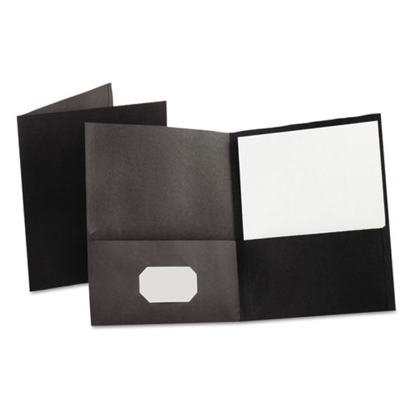 Twin-pocket Folder, Embossed Leather Grain Paper, Black, 25/box