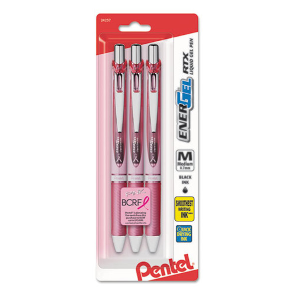 Energel Rtx Retractable Gel Pen, Medium 0.7mm, Black Ink, Pink Barrel, 3/pack