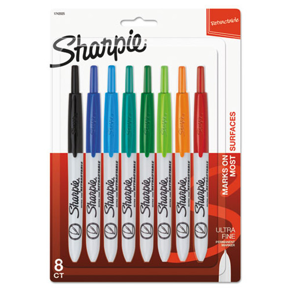 Retractable Permanent Marker, Extra-fine Needle Tip, Assorted Colors, 8/set