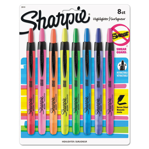 Retractable Highlighters, Chisel Tip, Assorted Colors, 8/set