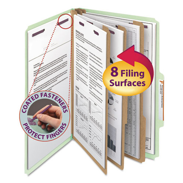 Pressboard Classification Folders With Safeshield Coated Fasteners, 2/5 Cut, 3 Dividers, Legal Size, Gray-green, 10/box