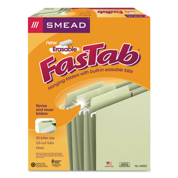 Erasable Fastab Hanging Folders, Letter Size, 1/3-cut Tab, Moss, 20/box