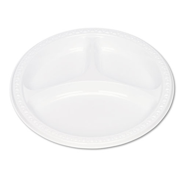 Plastic Dinnerware, Compartment Plates, 9" Dia, White, 125/pack