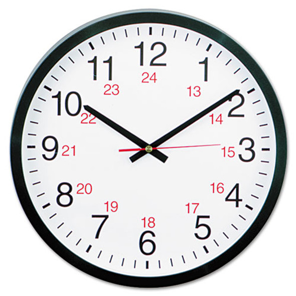 24-hour Round Wall Clock, 12.63" Overall Diameter, Black Case, 1 Aa (sold Separately)