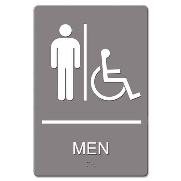 Ada Sign, Men Restroom Wheelchair Accessible Symbol, Molded Plastic, 6 X 9, Gray