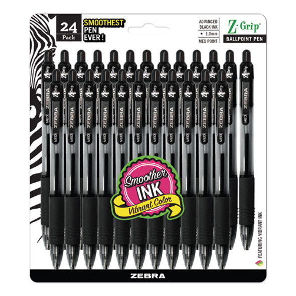 Z-grip Retractable Ballpoint Pen, Medium 1mm, Black Ink, Clear Barrel, 24/pack