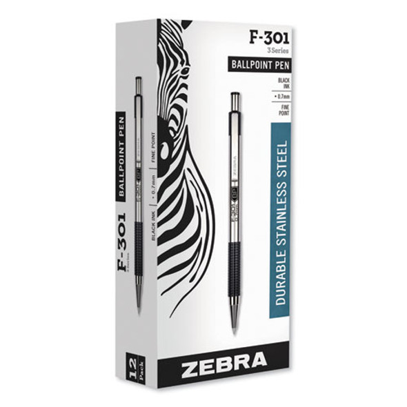 F-301 Retractable Ballpoint Pen, 0.7 Mm, Black Ink, Stainless Steel/black Barrel