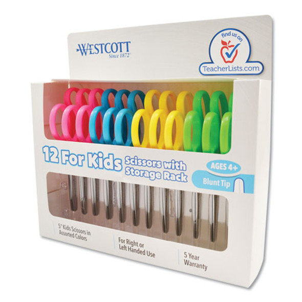 For Kids Scissors, Rounded Tip, 5" Long, 1.75" Cut Length, Assorted Straight Handles, 12/pack