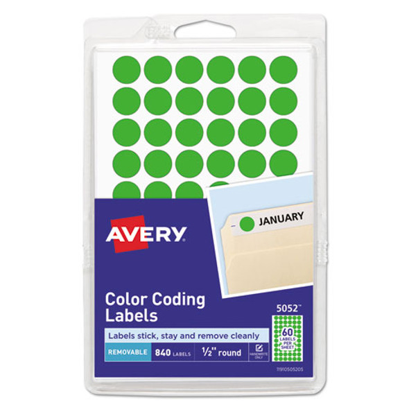 Handwrite Only Self-adhesive Removable Round Color-coding Labels, 0.5" Dia., Neon Green, 60/sheet, 14 Sheets/pack