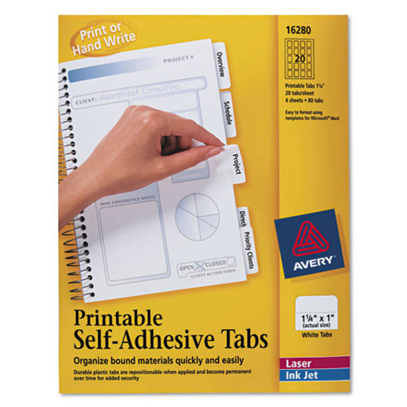 Printable Plastic Tabs With Repositionable Adhesive, 1/5-cut Tabs, White, 1.25" Wide, 96/pack