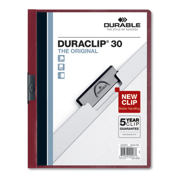 Vinyl Duraclip Report Cover W/clip, Letter, Holds 30 Pages, Clear/maroon, 25/box