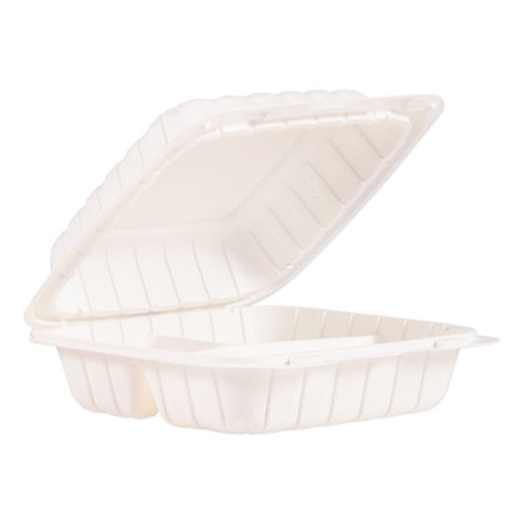 Hinged Lid Three Compartment Containers, 8.3" X 8" X 3", White, 150/carton