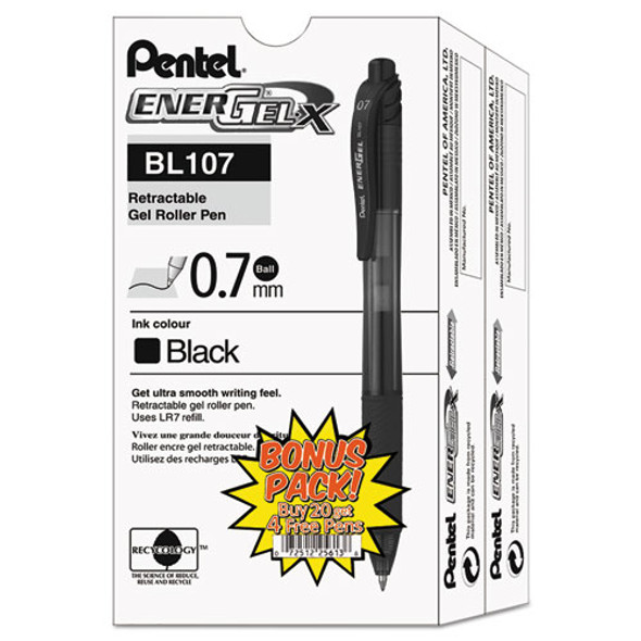 Energel-x Retractable Gel Pen, 0.7 Mm Metal Tip, Black Ink/barrel, 24/pack