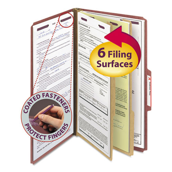 Pressboard Classification Folders With Safeshield Coated Fasteners, 2/5 Cut, 2 Dividers, Legal Size, Red, 10/box