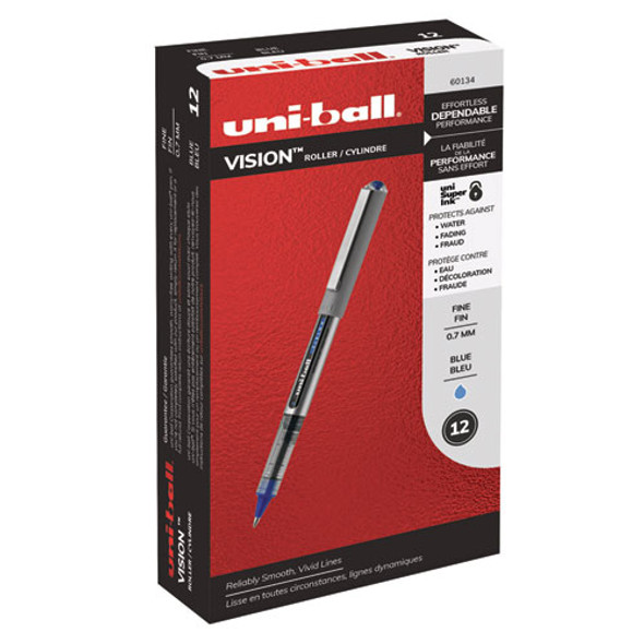 Vision Stick Roller Ball Pen, Fine 0.7mm, Blue Ink, Blue/gray Barrel, Dozen