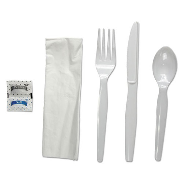 Six-piece Cutlery Kit, Condiment/fork/knife/napkin/spoon, Heavyweight, White, 250/carton