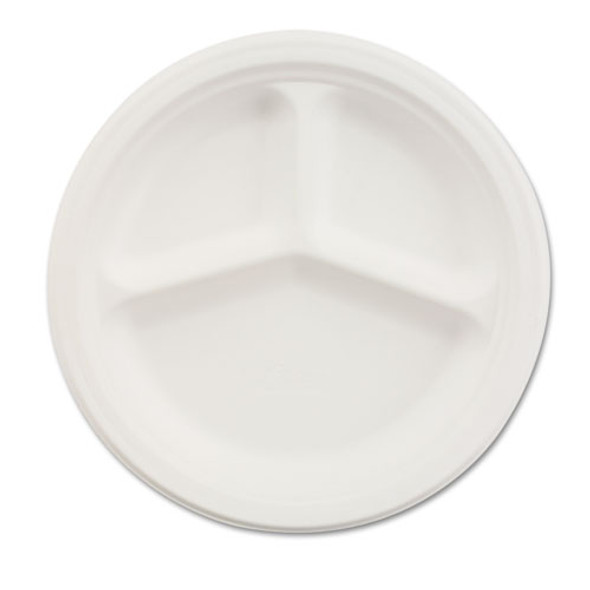 Paper Dinnerware, 3-comp Plate, 9 1/4" Dia, White, 500/carton