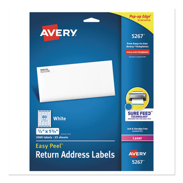 Easy Peel White Address Labels W/ Sure Feed Technology, Laser Printers, 0.5 X 1.75, White, 80/sheet, 25 Sheets/pack