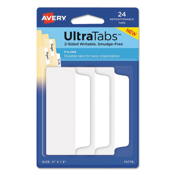 Ultra Tabs Repositionable Wide Tabs, 1/3-cut Tabs, White, 3" Wide, 24/pack