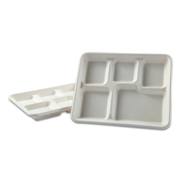 Bagasse Molded Fiber Dinnerware, 5-compartment Tray, 8 X 12, White, 500/carton