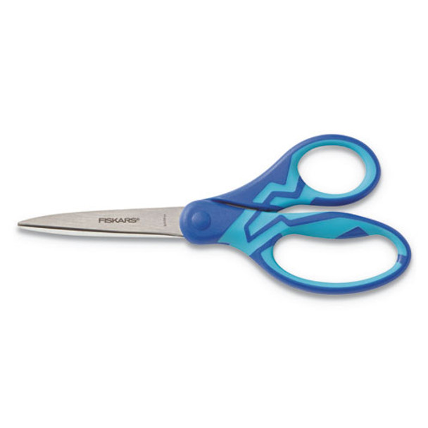 Kids/student Softgrip Scissors, Pointed Tip, 7" Long, 2.63" Cut Length, Blue Straight Handle