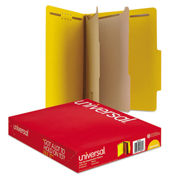 Bright Colored Pressboard Classification Folders, 2 Dividers, Letter Size, Yellow, 10/box