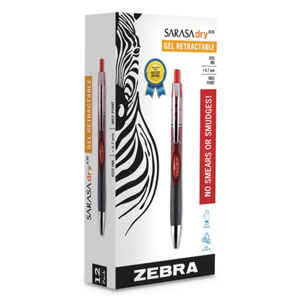 Sarasa Dry Gel X30 Retractable Gel Pen, Medium 0.7mm, Red Ink/barrel, Dozen