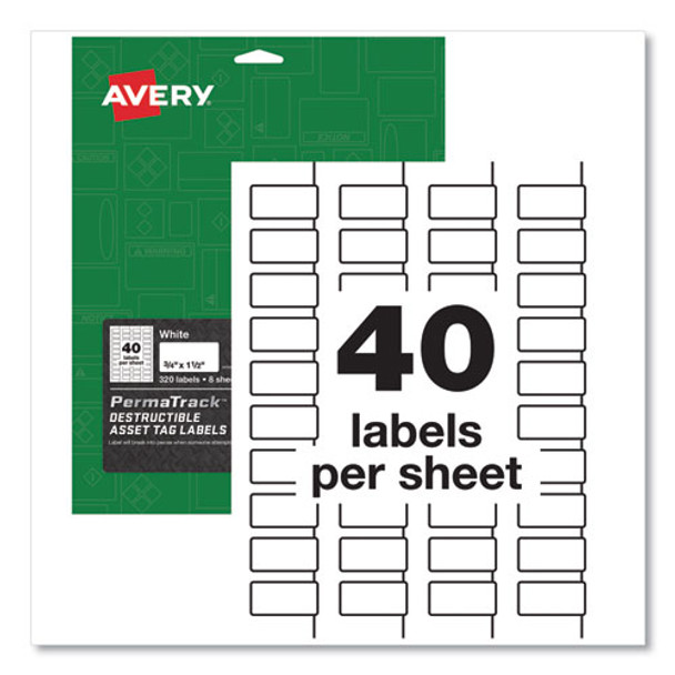 Permatrack Destructible Asset Tag Labels, Laser Printers, 0.75 X 1.5, White, 40/sheet, 8 Sheets/pack