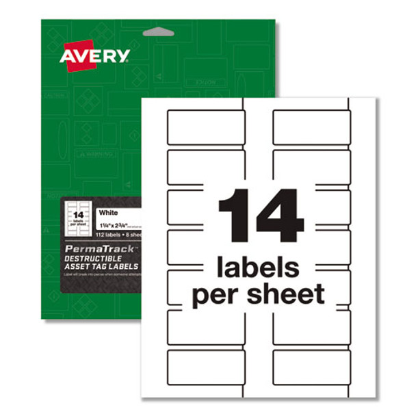 Permatrack Destructible Asset Tag Labels, Laser Printers, 1.25 X 2.75, White, 14/sheet, 8 Sheets/pack