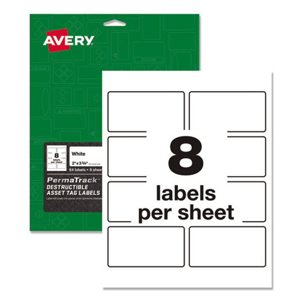 Permatrack Destructible Asset Tag Labels, Laser Printers, 2 X 3.75, White, 8/sheet, 8 Sheets/pack