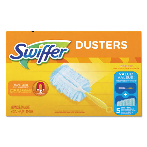 Dusters Starter Kit, Dust Lock Fiber, 6" Handle, Blue/yellow, 6/carton