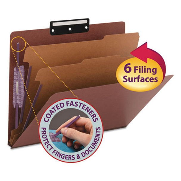 Pressboard Classification Folders With Safeshield Coated Fasteners, 1/3-cut, 2 Dividers, Letter Size, Red, 10/box